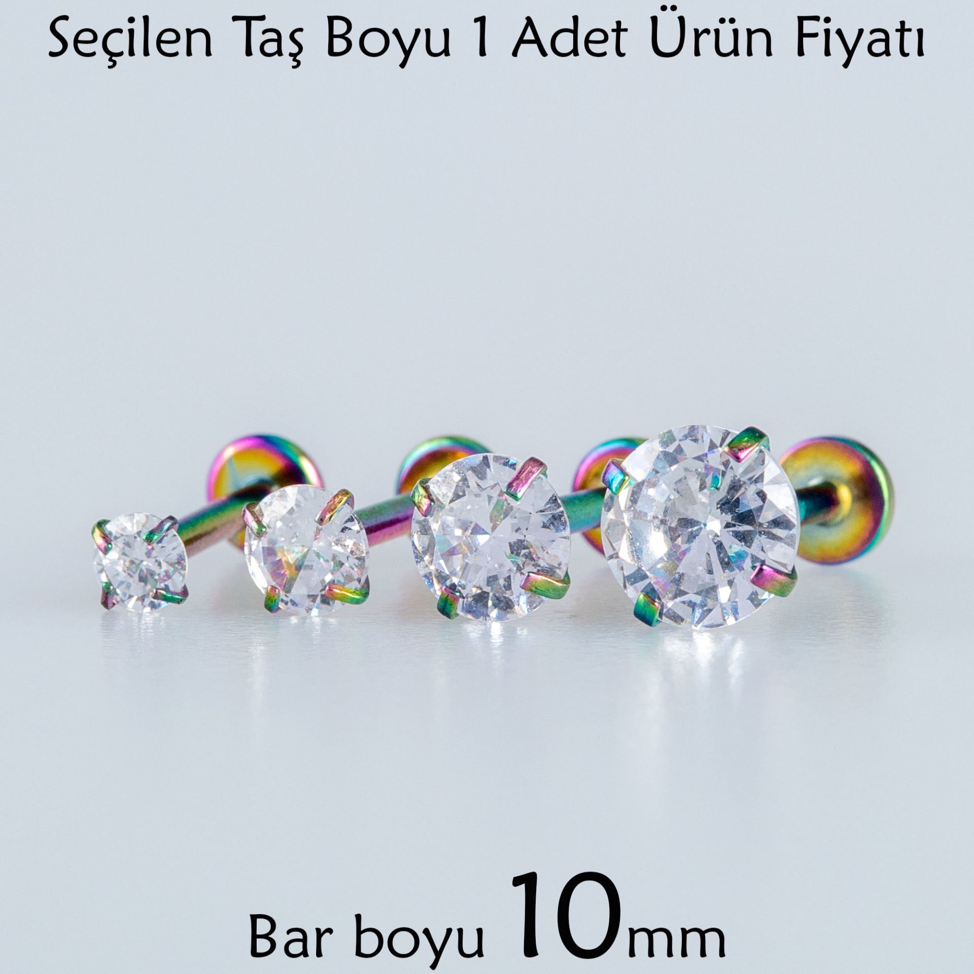Toptan Piercing Labret 10mm Bar Yuvarlak Taş Rainbow