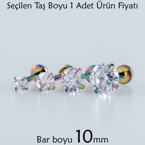 Toptan Piercing Labret 10mm Bar Yuvarlak Taş Rainbow