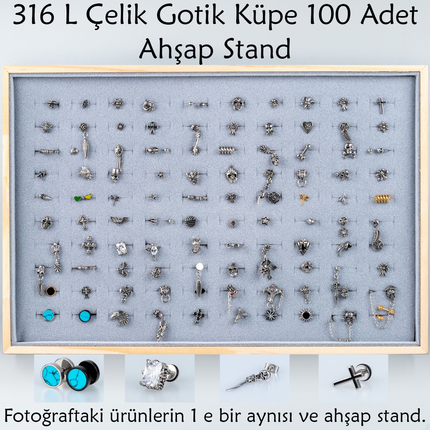 316 L Çelik Gotik Küpe 100 Adet ve Ahşap Stand Gri