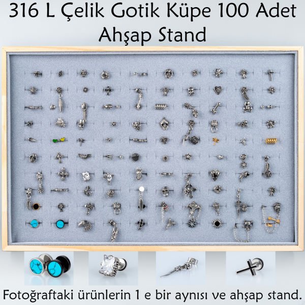 316 L Çelik Gotik Küpe 100 Adet ve Ahşap Stand Gri