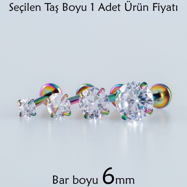 Toptan Piercing Labret 6mm Bar Yuvarlak Taş Rainbow