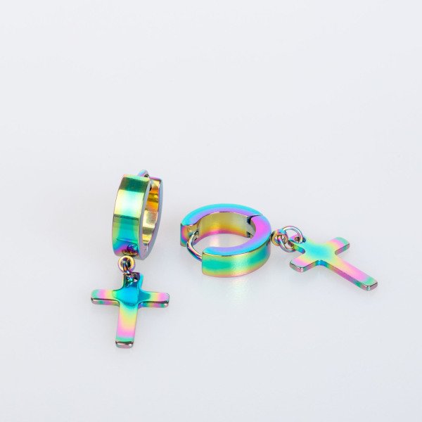 Çelik Küpe Haç - Çift Rainbow