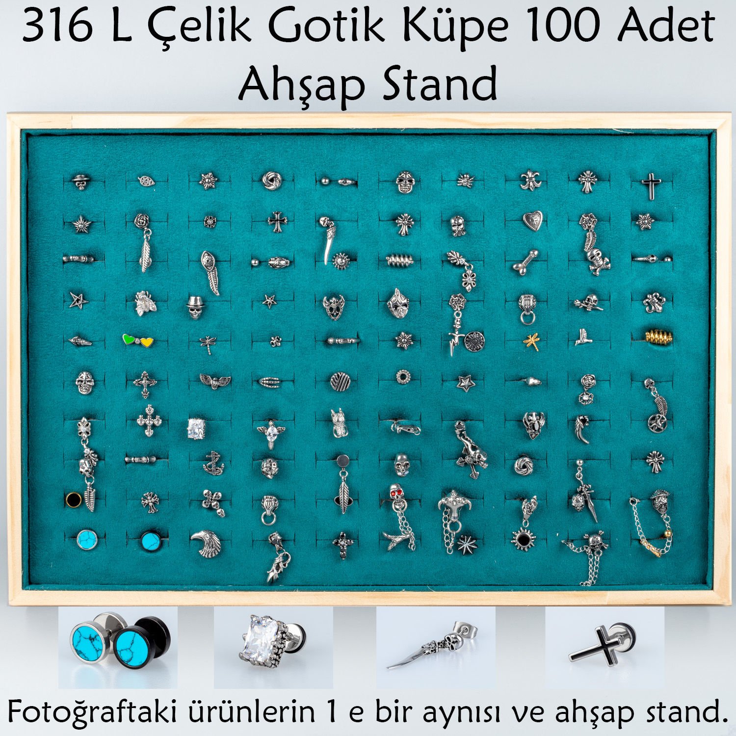 316 L Çelik Gotik Küpe 100 Adet ve Ahşap Stand Turkuaz