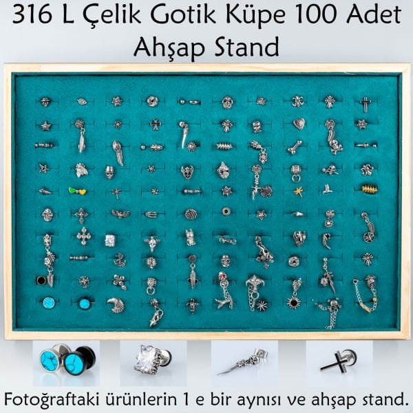 316 L Çelik Gotik Küpe 100 Adet ve Ahşap Stand Turkuaz
