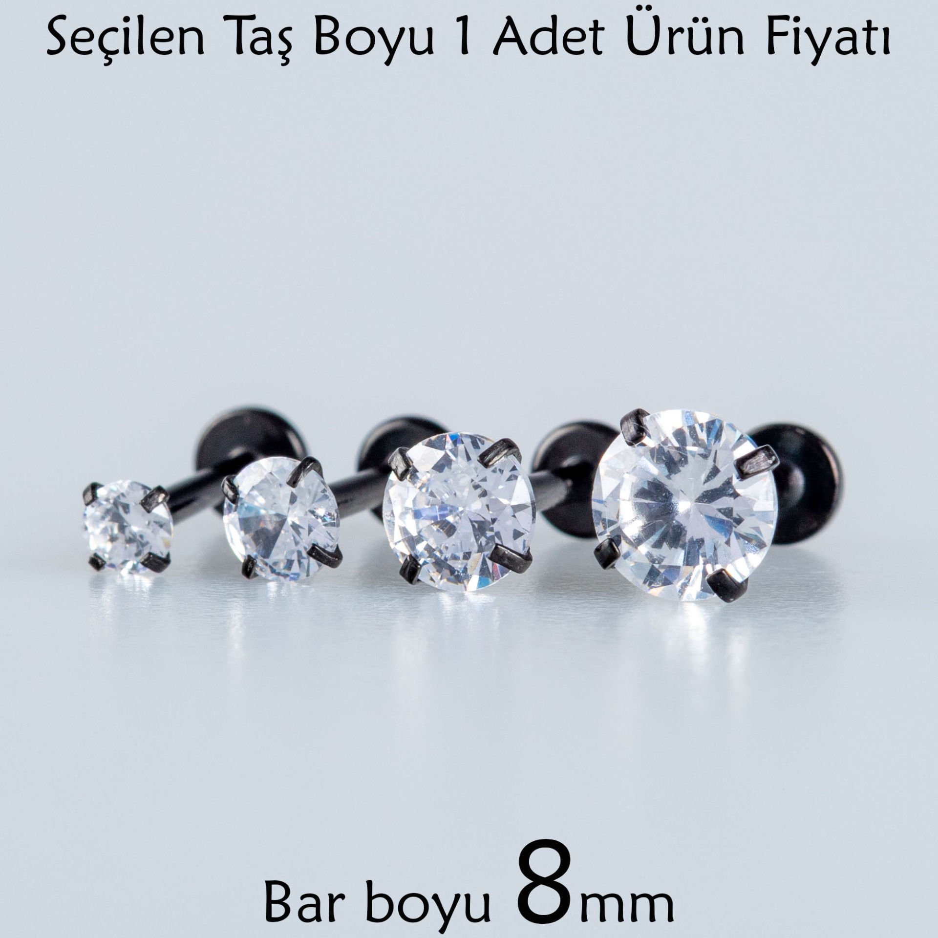 Toptan Piercing Labret 8mm Bar Yuvarlak Taş Siyah