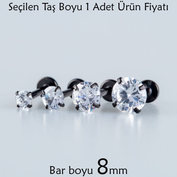 Toptan Piercing Labret 8mm Bar Yuvarlak Taş Siyah