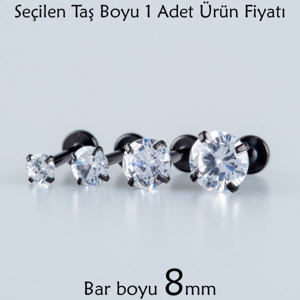 Toptan Piercing Labret 8mm Bar Yuvarlak Taş Siyah