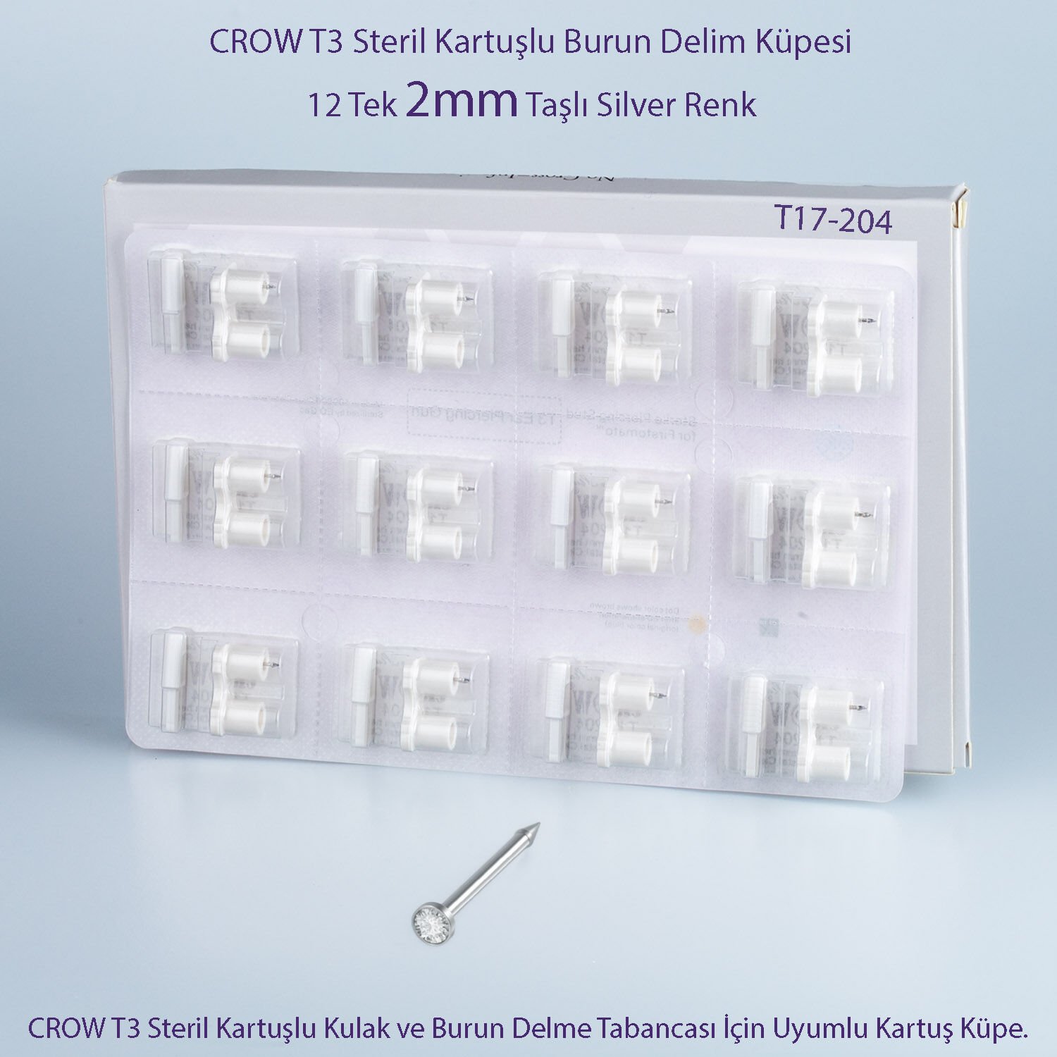 CROW T3 Steril Kartuşlu Burun Delim Küpesi – 2mm Silver Taşlı (12 adet)