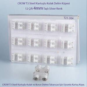 CROW T3 Steril Kartuşlu Kulak Delim Küpesi – 4mm Silver Taşlı (12 Çift.)