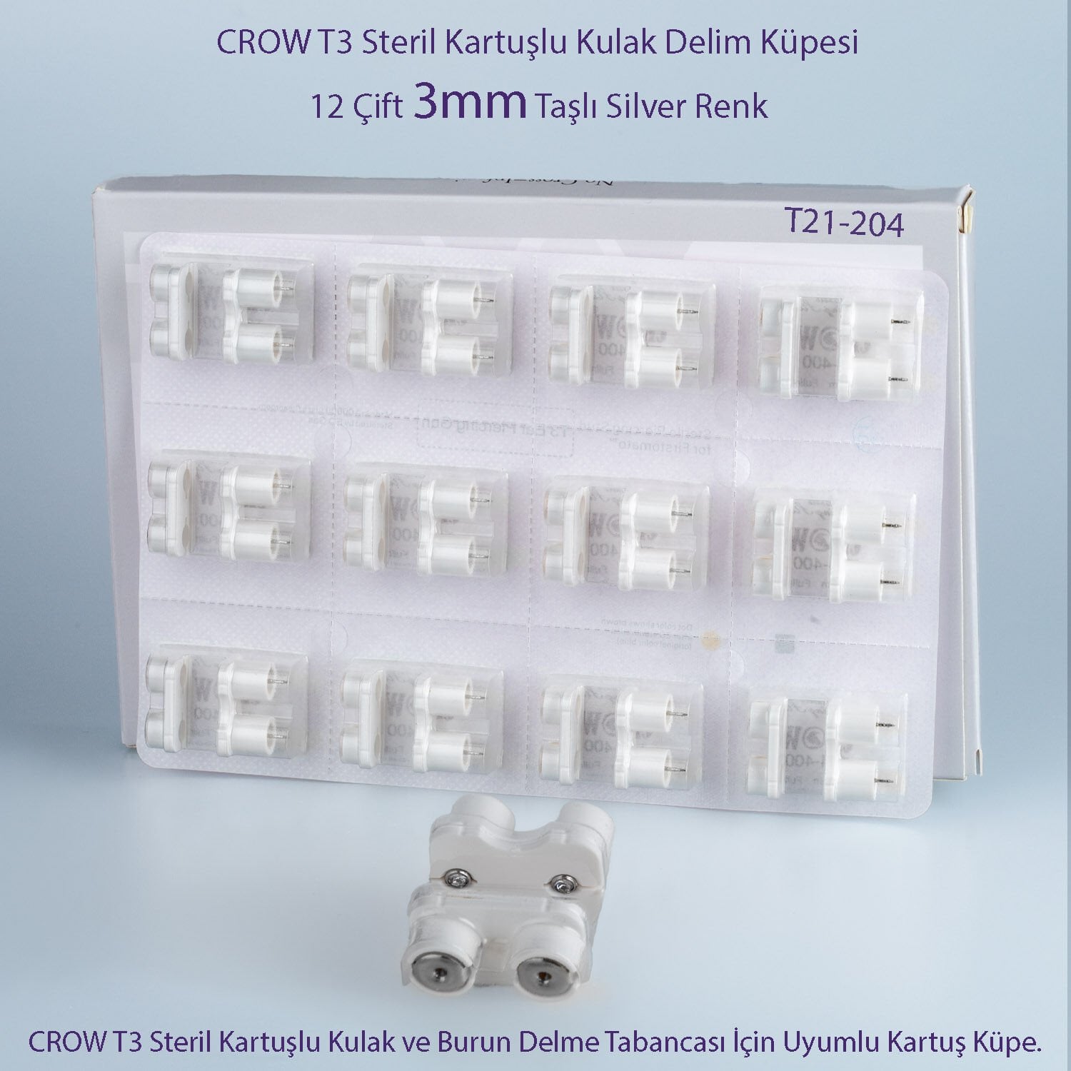 CROW T3 Steril Kartuşlu Kulak Delim Küpesi – 3mm Silver Taşlı (12 Çift.)