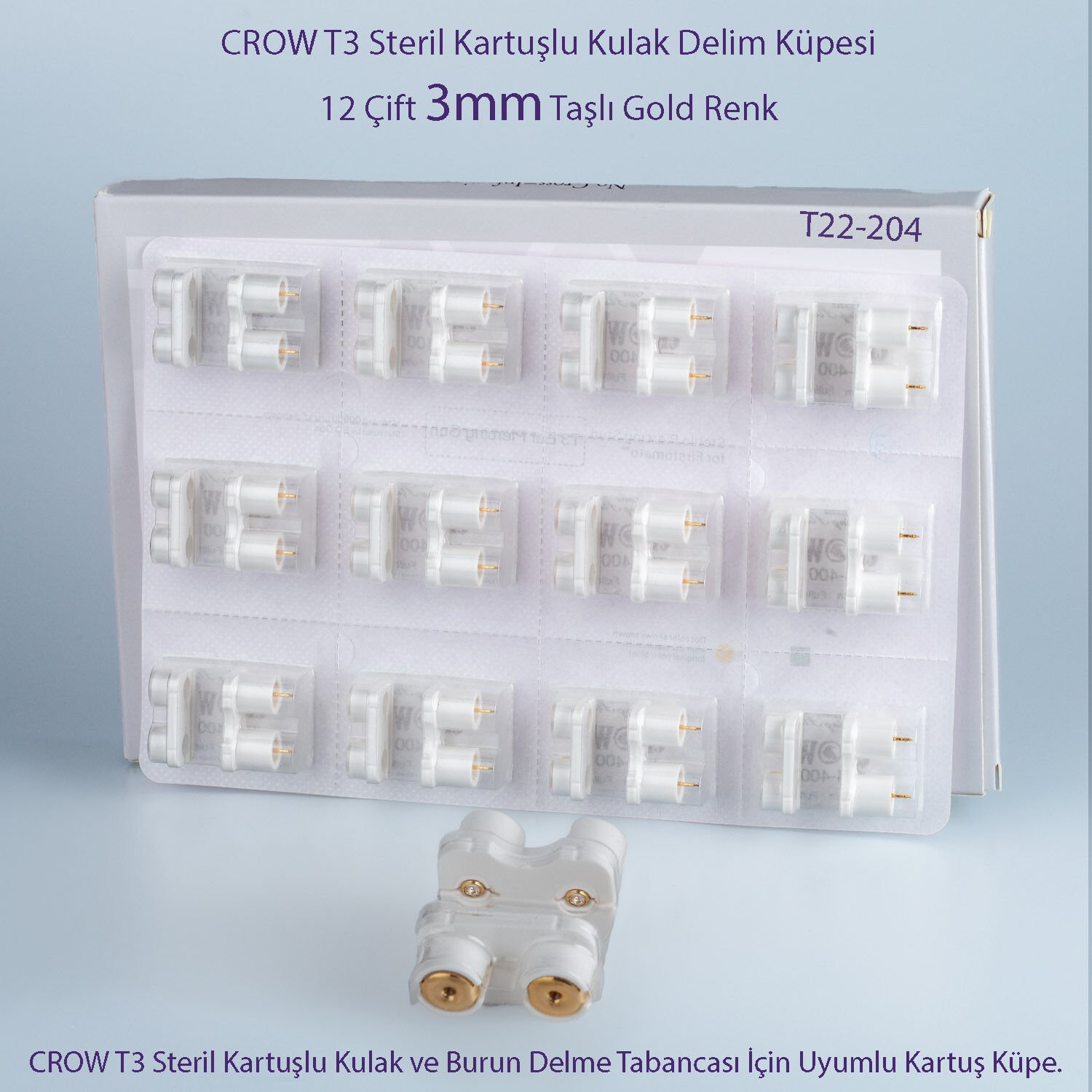 CROW T3 Steril Kartuşlu Kulak Delim Küpesi – 3mm Gold Taşlı (12 Çift.)