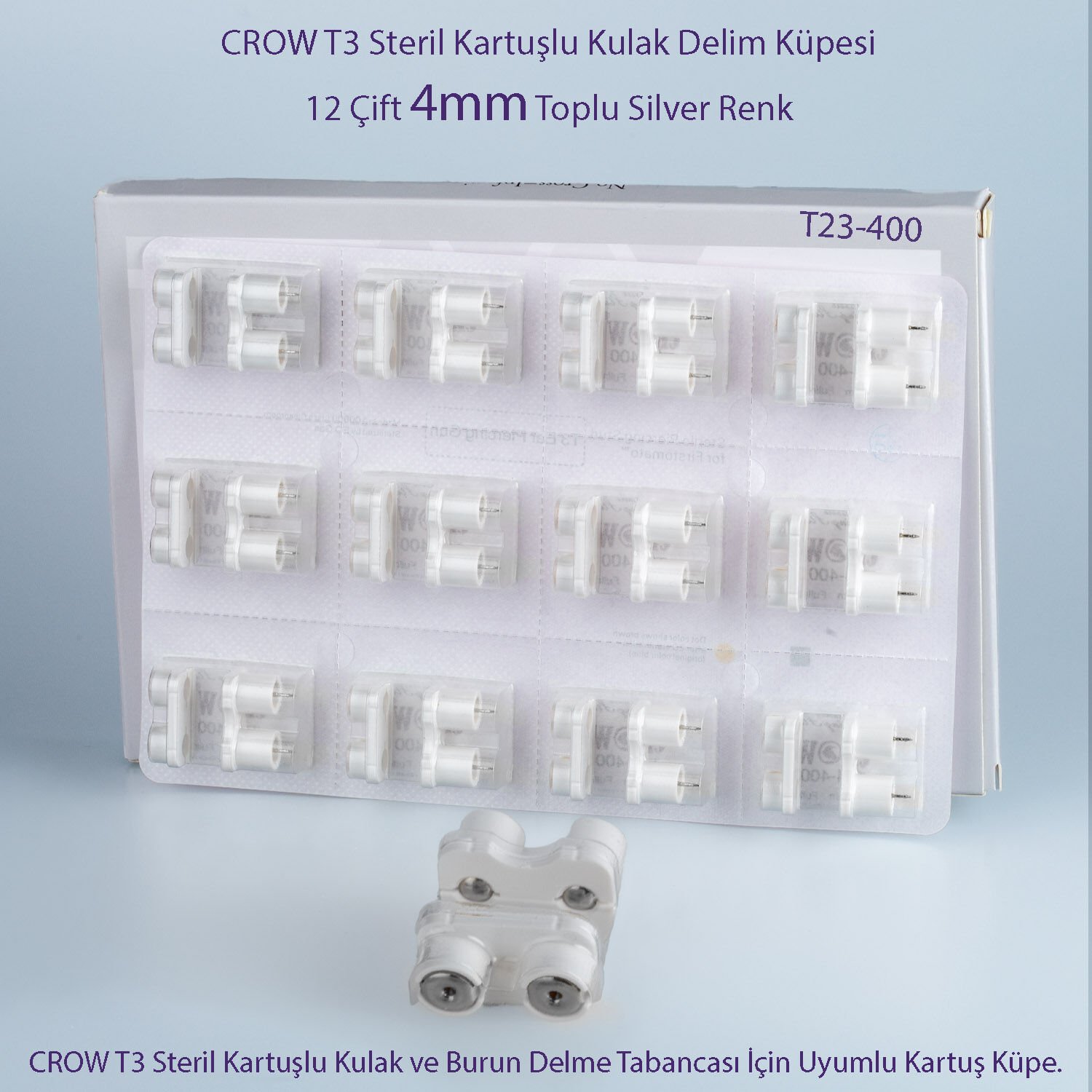 CROW T3 Steril Kartuşlu Kulak Delim Küpesi – 4mm Silver Toplu (12 Çift.)