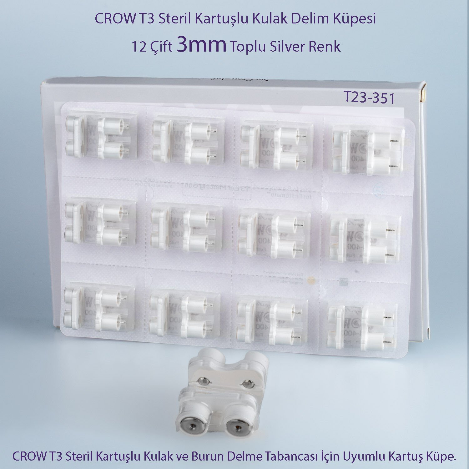 CROW T3 Steril Kartuşlu Kulak Delme Küpesi – 3mm Silver Toplu (24 adet)