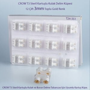 CROW T3 Steril Kartuşlu Kulak Delim Küpesi – 3mm Gold Toplu (12 Çift.)