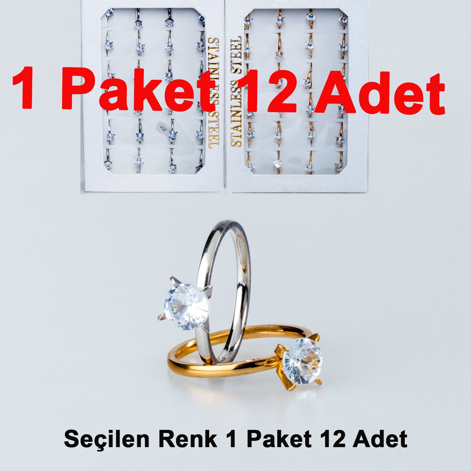Çelik Tek Taş Yüzük Paket 12 Adet