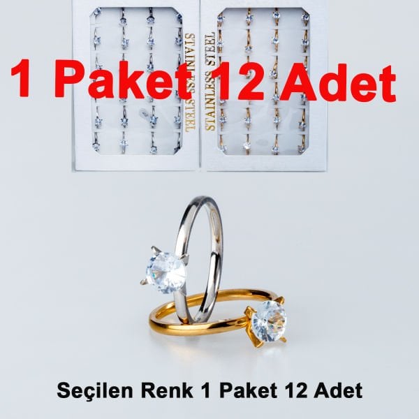 Çelik Tek Taş Yüzük Paket 12 Adet