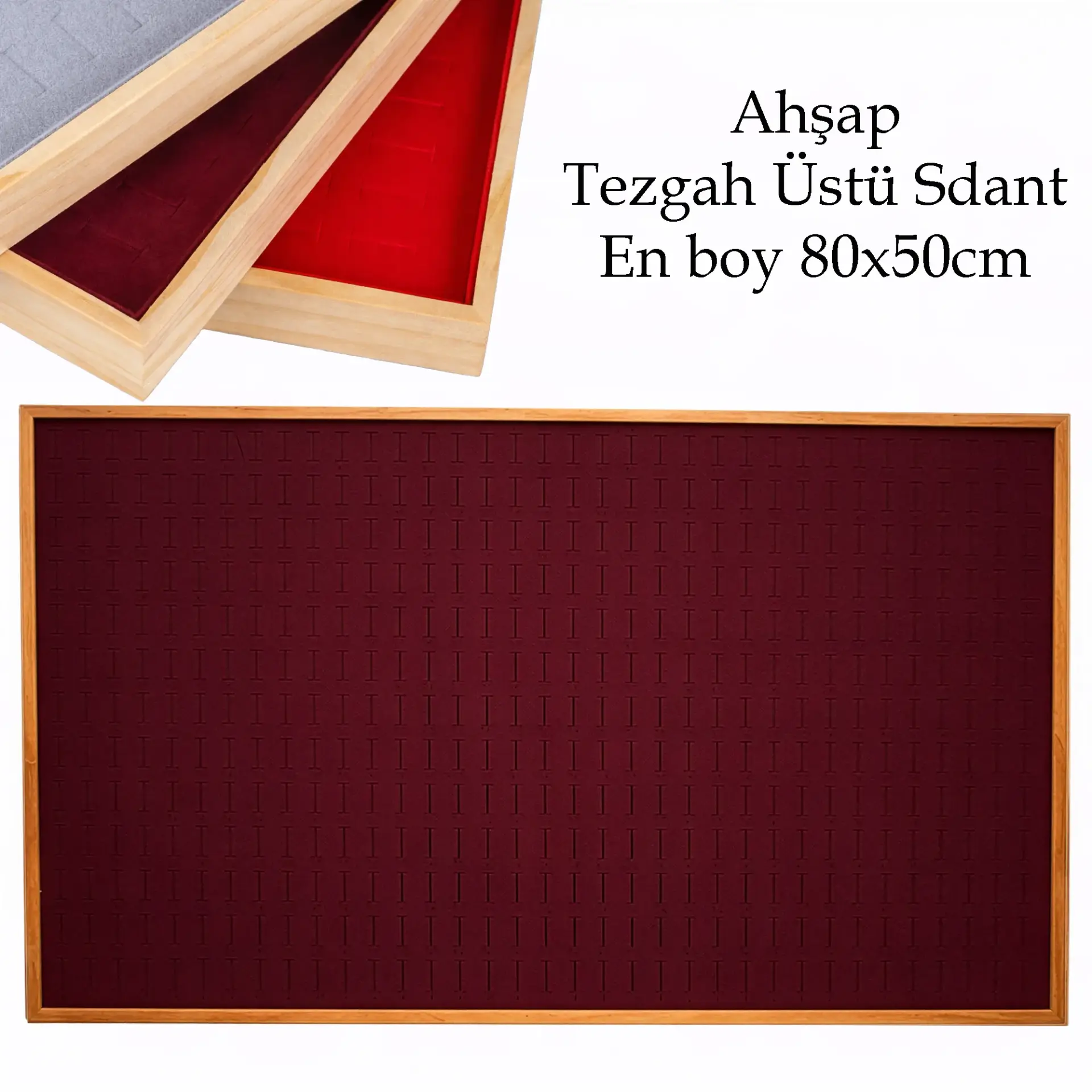 Toptan Ahşap Tezgah Üstü 490 Cepli Piercing ve Yüzük Standı - 80x50 cm Bordo