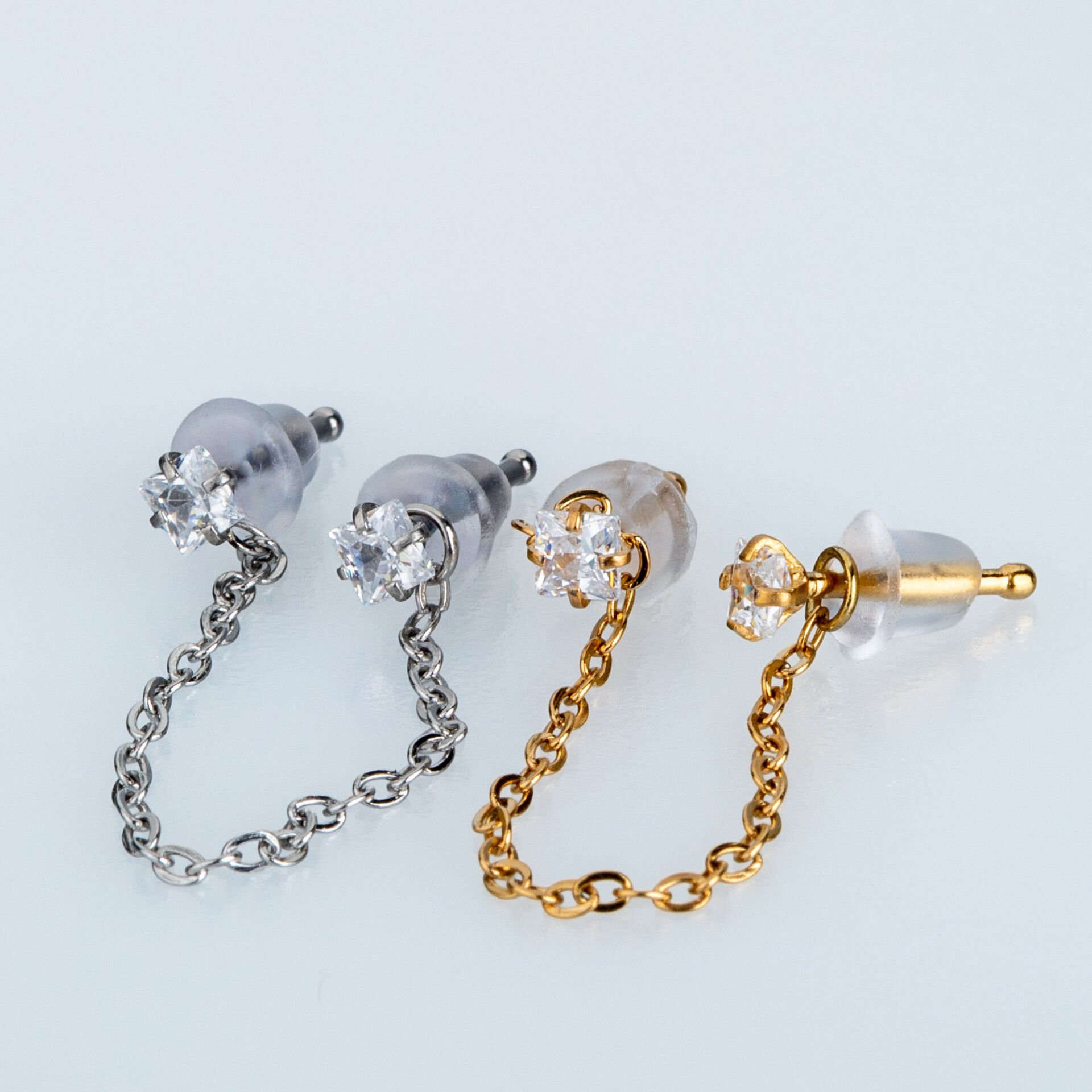 Piercing Hızma Kare Taşlı 2 li Zincir Sallantılı Sarı