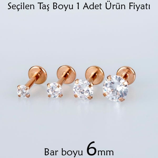 Toptan 316L Çelik Piercing Labret 6mm Bar Yuvarlak Taş