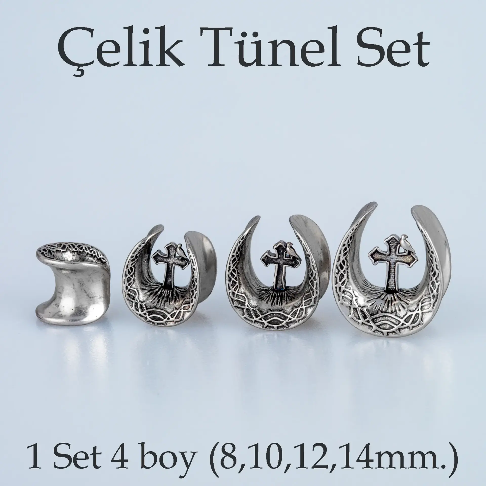 Piercing Çelik Tünel Gotik Haç 1 Set 4 Boy