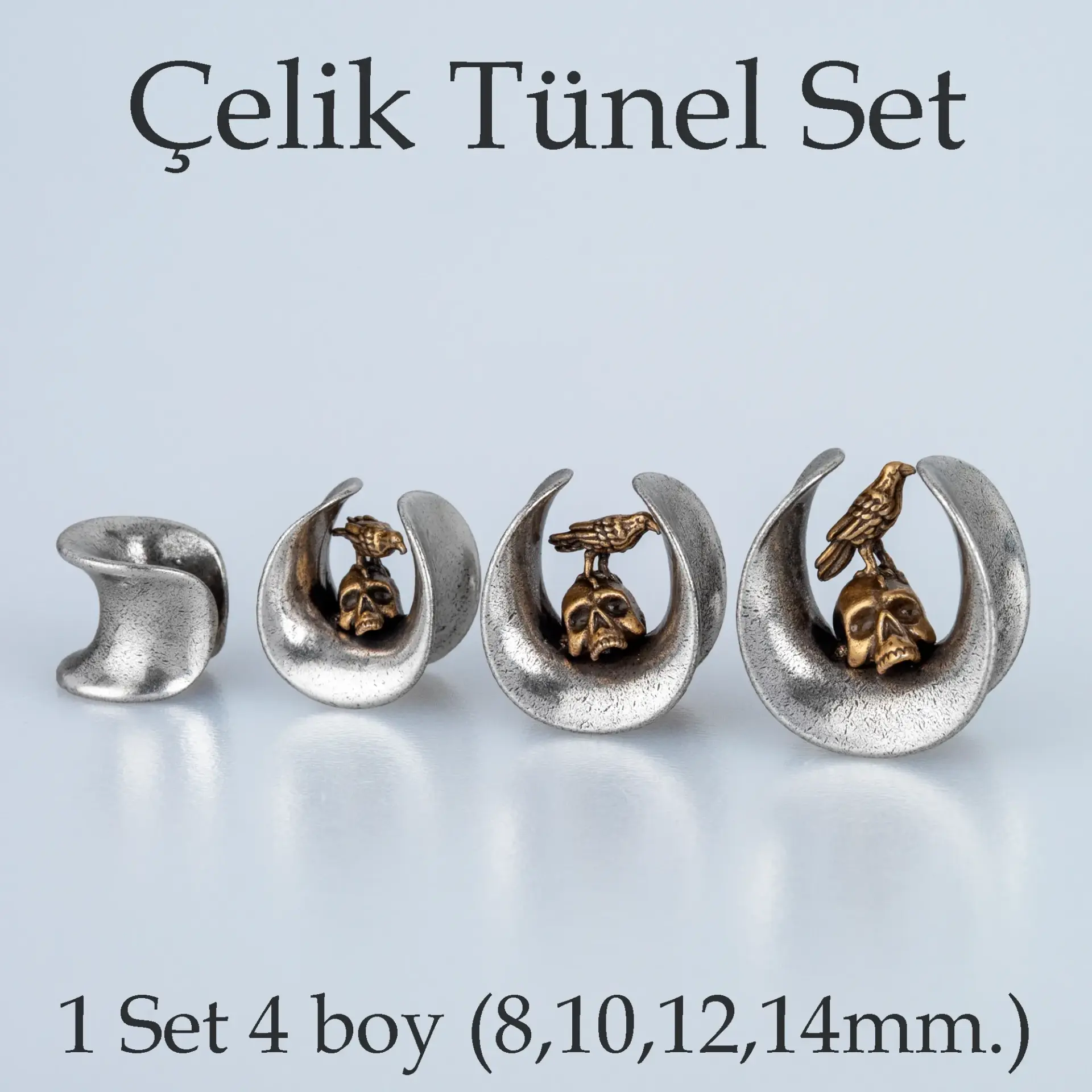 Piercing Çelik Tünel Gotik Kuru Kafa 1 Set 4 Boy