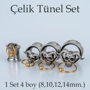 Piercing Çelik Tünel Gotik Kafatas Koç Boynuzu 1 Set 4 Boy