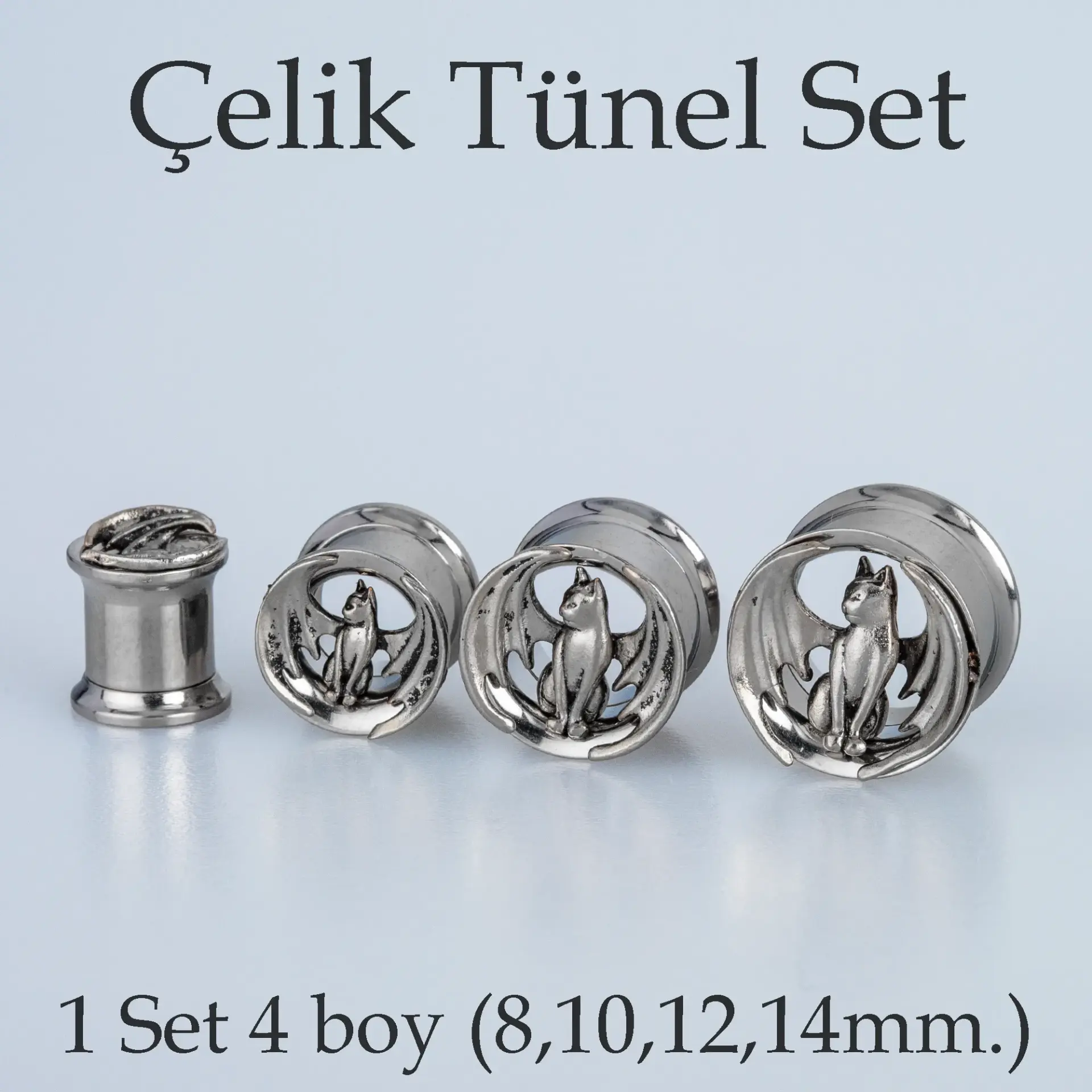 Piercing Çelik Tünel Gotik Yarasa Kedi 1 Set 4 Boy