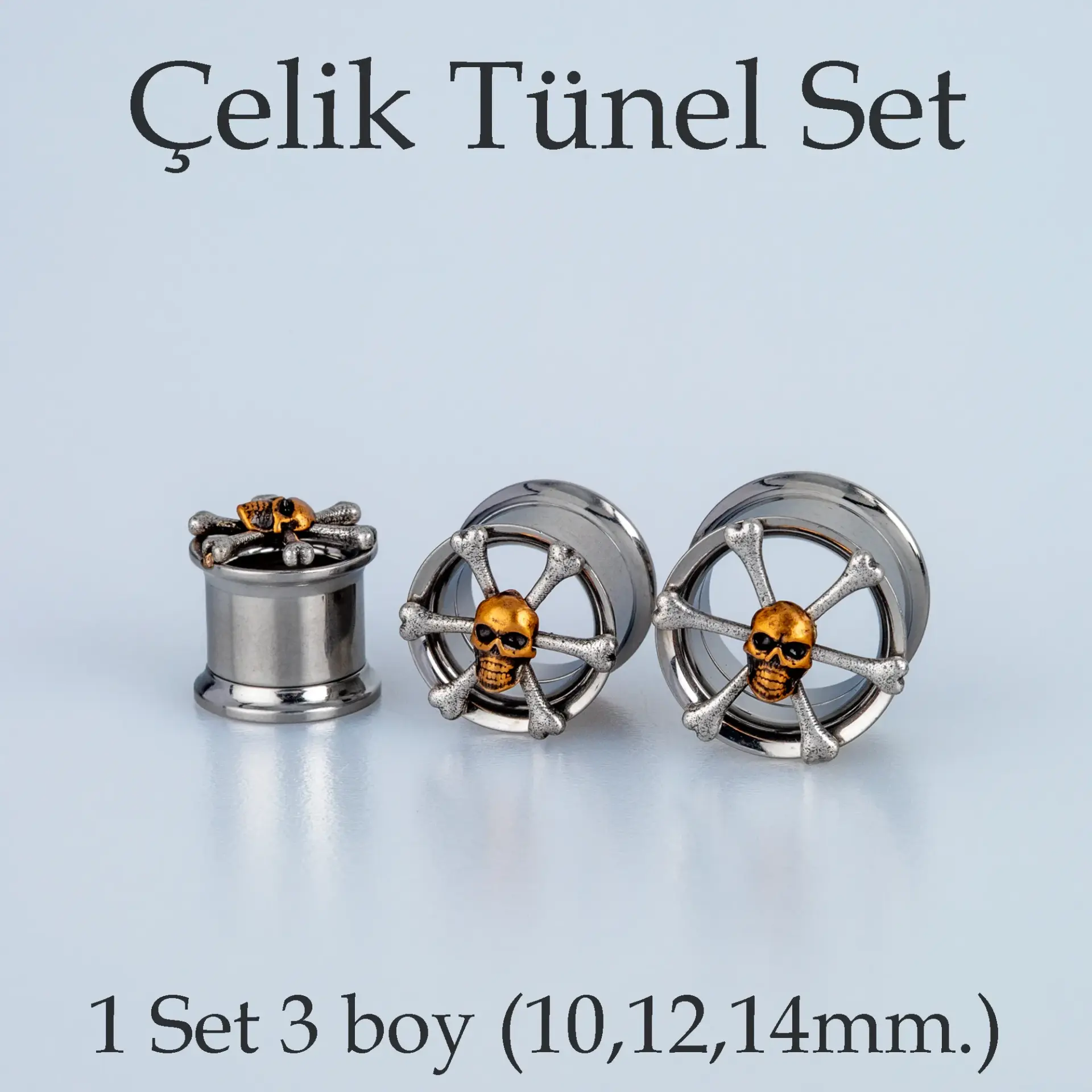Piercing Çelik Tünel Gotik Kuru Kafa 1 Set 3 Boy