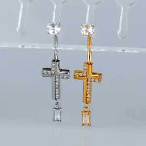Toptan Piercing 316L Cerrahi Çelik Taşlı Haç Göbek Vos Etnik Takı Beyaz