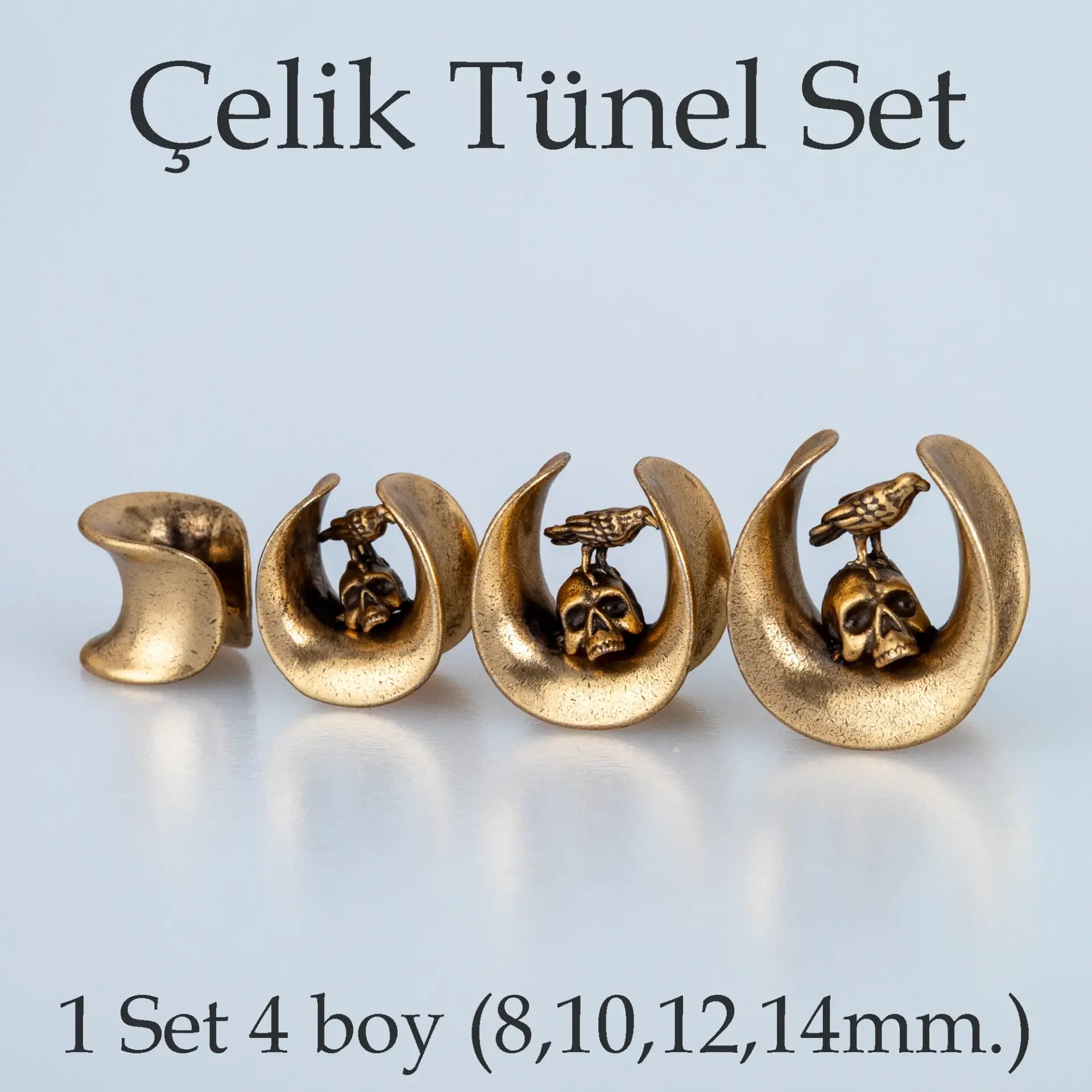 Piercing Çelik Tünel Gotik Kuru Kafa 1 Set 4 Boy Sari