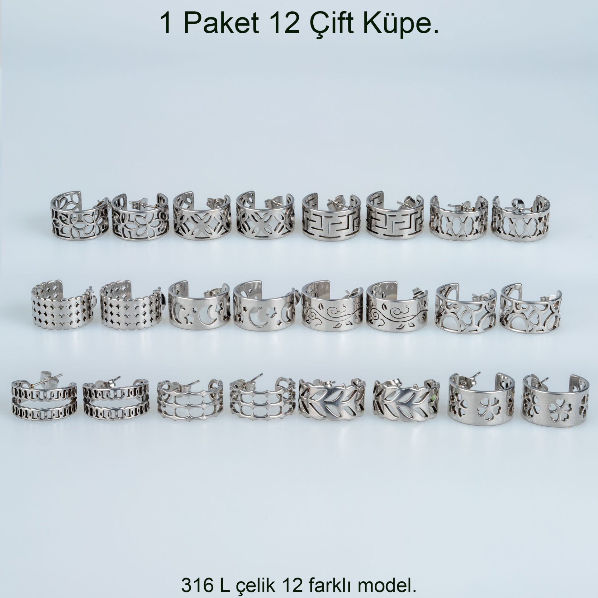 Çelik Küpe - 1  Paket 12 Çift Beyaz