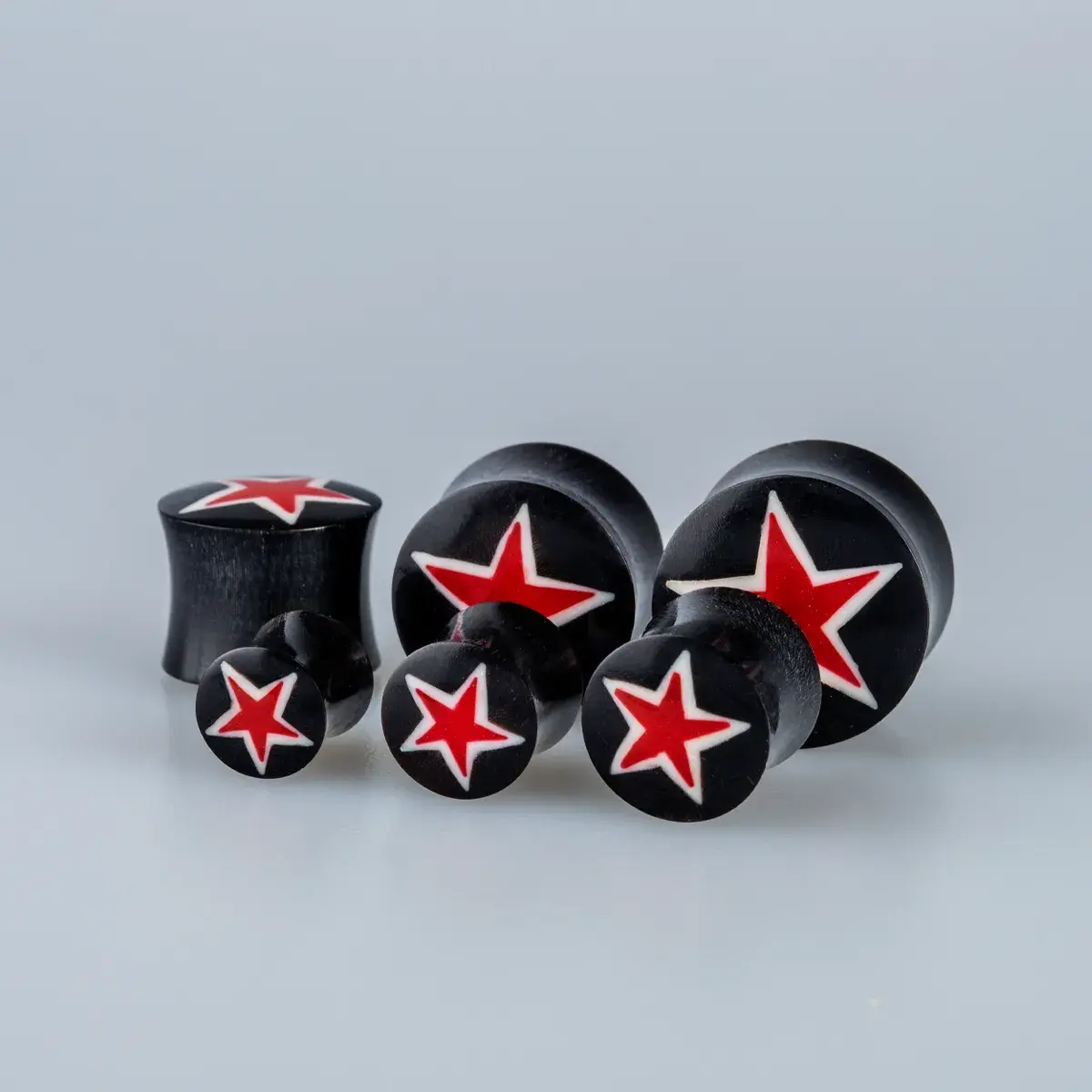 Toptan Organik Boynuz Kırmızı Yıldızlı Tünel Plug Piercing 6lı Set Vos Etnik Takı