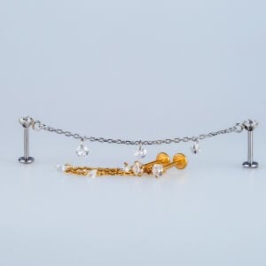 Piercing Çelik Labret Sallantılı zincir Taşlı Helix Kıkırdak Beyaz