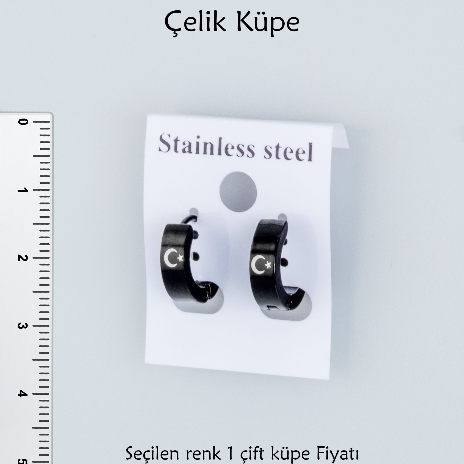 Çelik Küpe Ay Yıdız Siyah Parlak Kalınlık 3mm - Çift