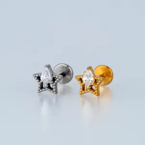 Toptan Piercing Çelik Tragus Damla Taşlı Yıldız Sarı