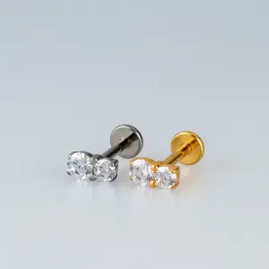 Toptan Piercing Titanyum İkili Yan Yana Taşlı Tragus Helix Labret Vos Etnik Takı Beyaz Küçük Obje