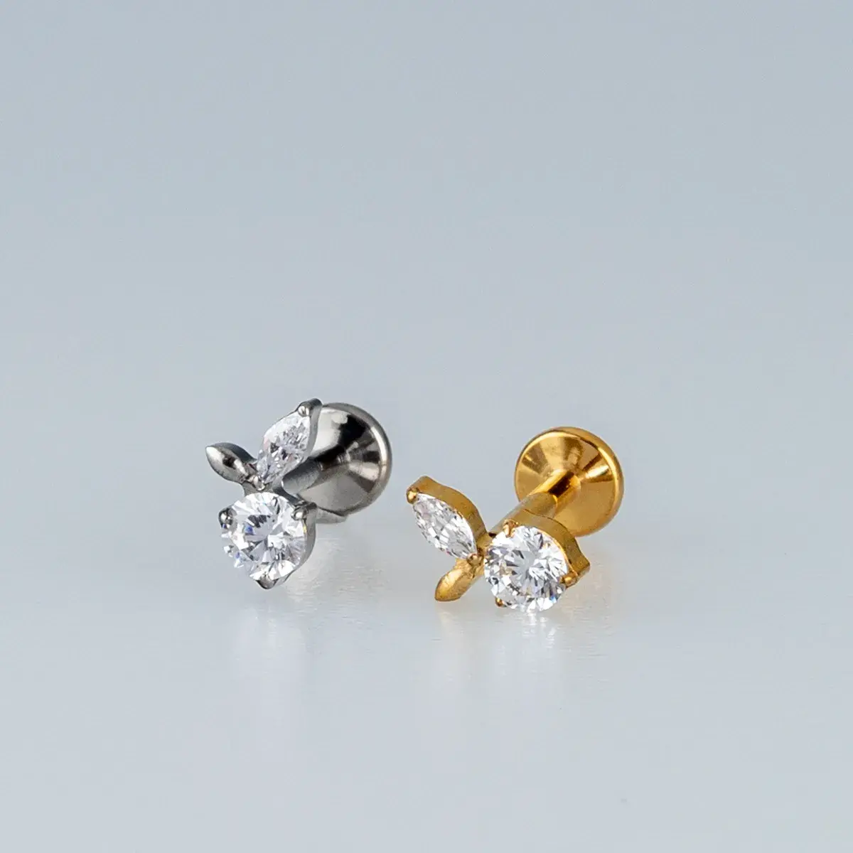 Toptan Piercing Titanyum İki Taşlı Markiz Tragus Helix Labret Vos Etnik Takı