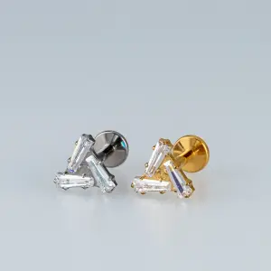 Toptan Piercing Titanyum Üçlü Baget Taşlı Tragus Helix Labret Vos Etnik Takı Sarı 8mm