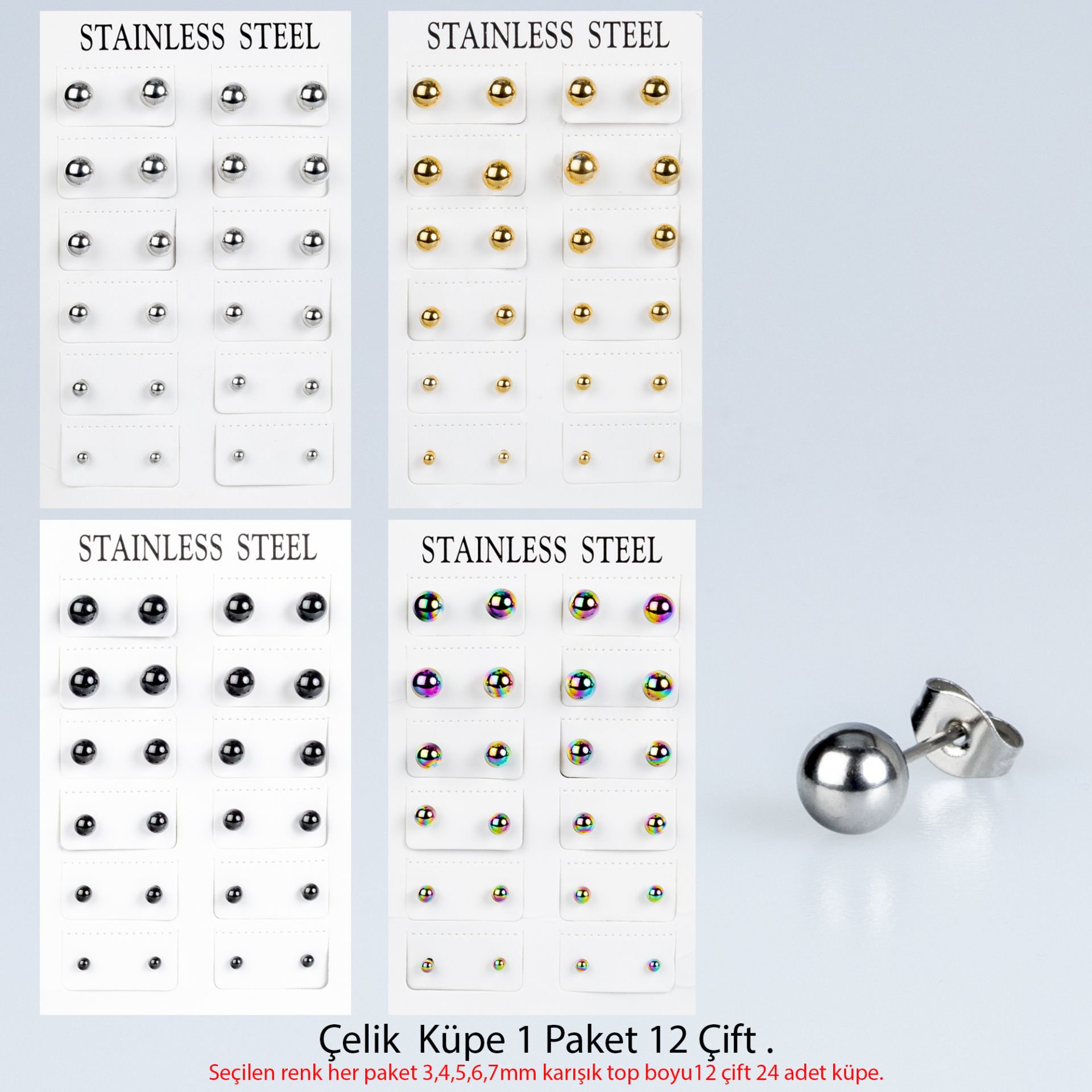 Çelik Küpe Top Paket Rainbow