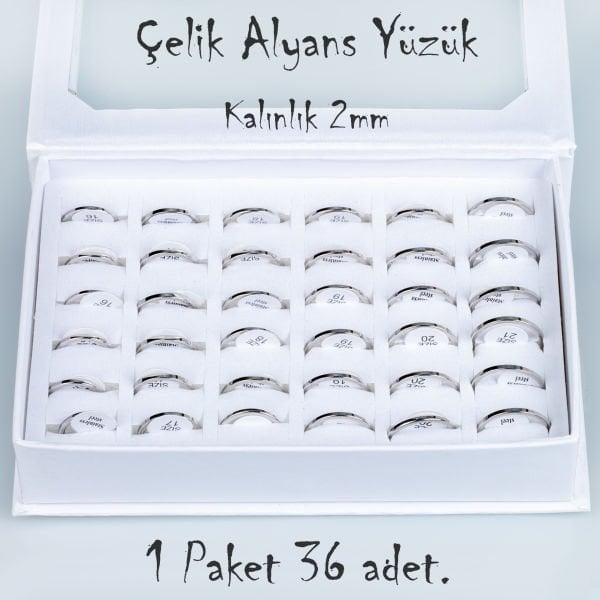 Çelik Alyans Yüzük Paket 36 Adet 2,3,4,5mm Kalınlık Seçeneği Boy: 2mm