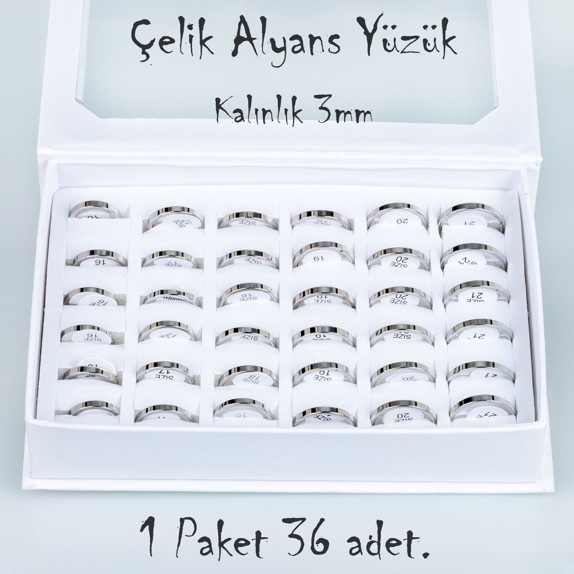 Çelik Alyans Yüzük Paket 36 Adet 2,3,4,5mm Kalınlık Seçeneği Boy: 3mm