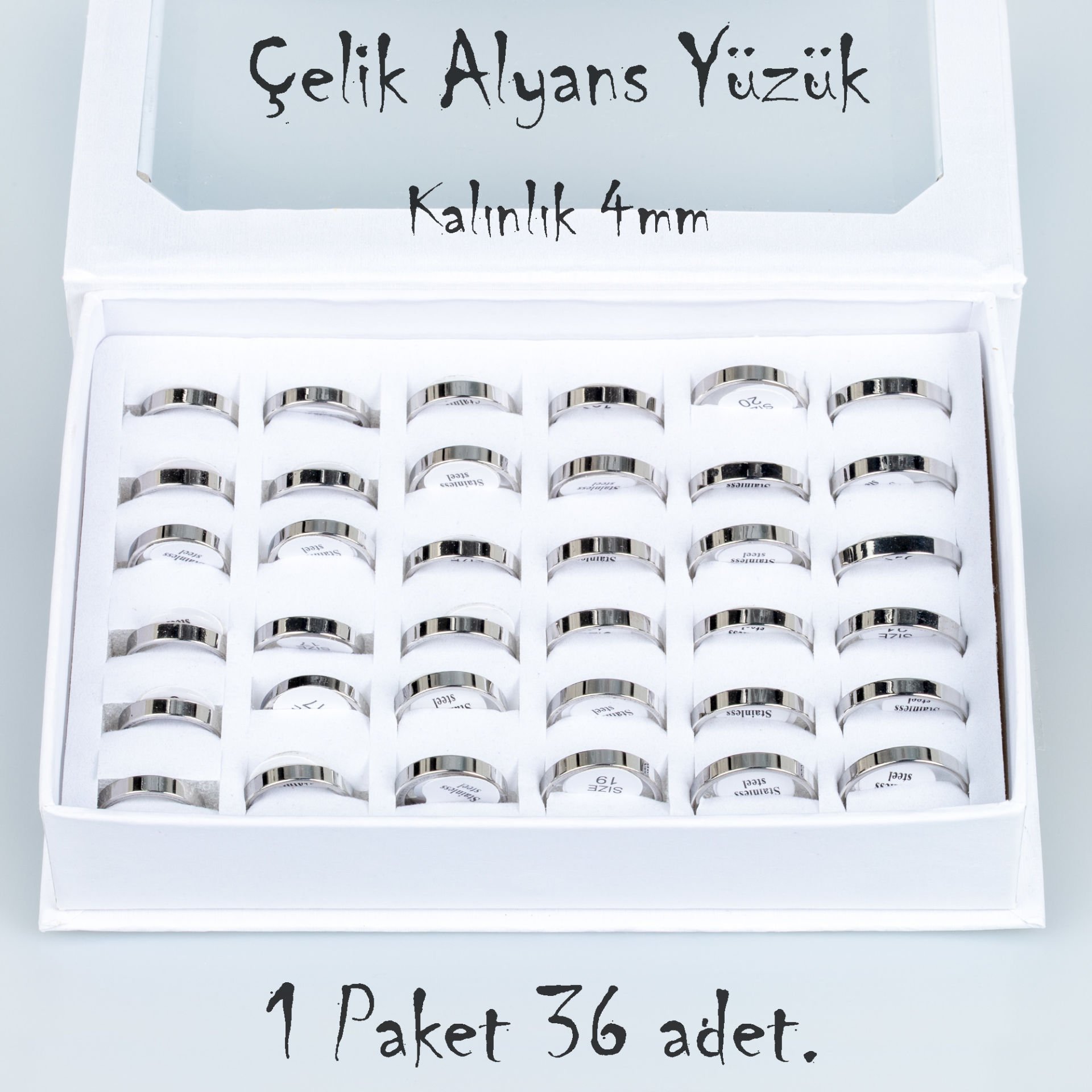 Çelik Alyans Yüzük Paket 36 Adet 2,3,4,5mm Kalınlık Seçeneği Boy: 4mm