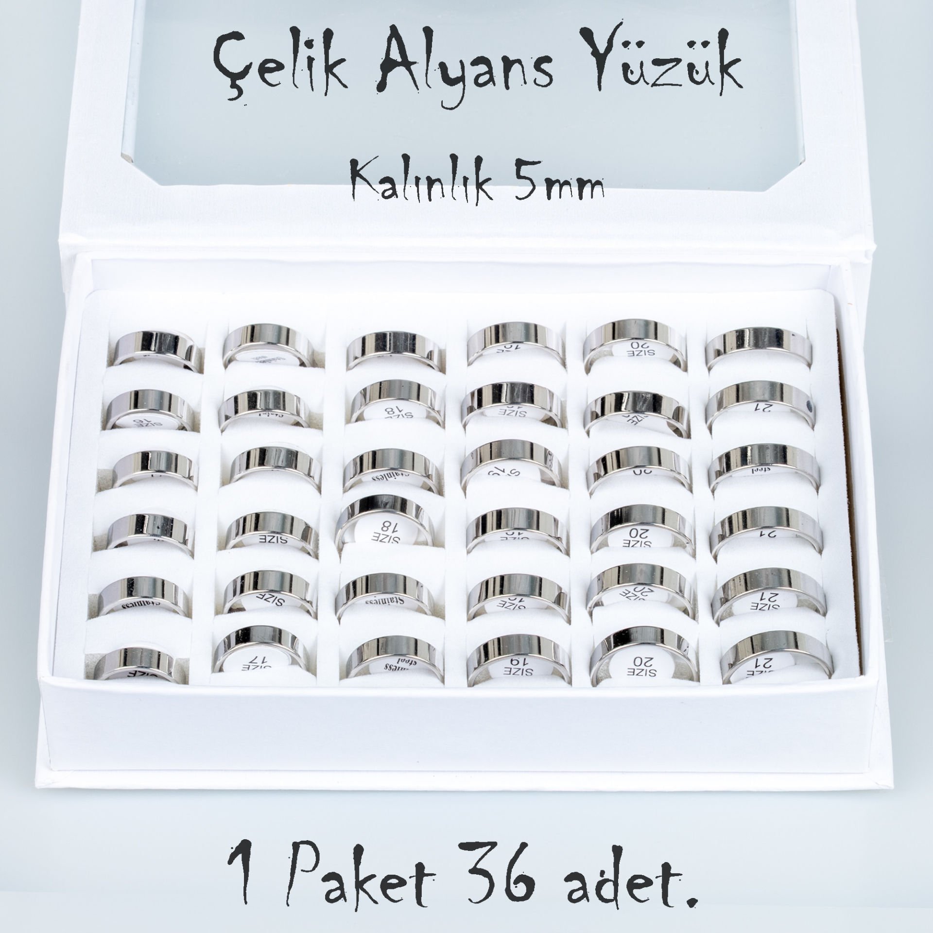 Çelik Alyans Yüzük Paket 36 Adet 2,3,4,5mm Kalınlık Seçeneği Boy: 5mm