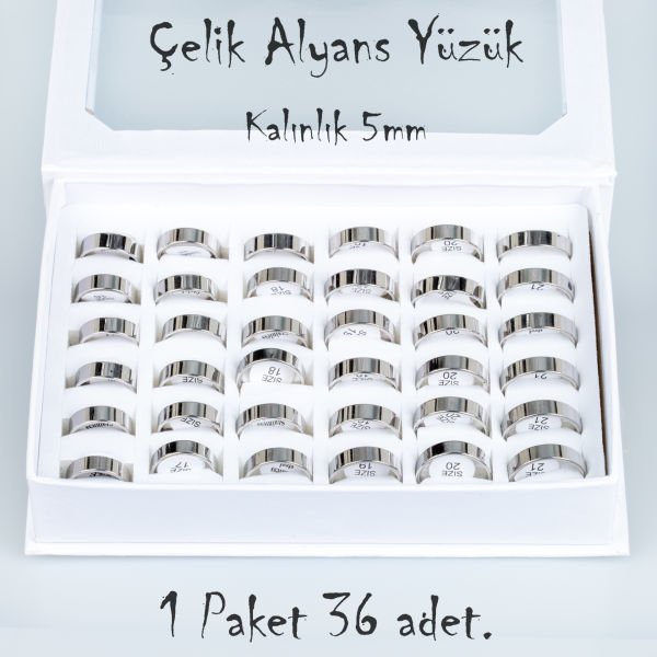 Çelik Alyans Yüzük Paket 36 Adet 2,3,4,5mm Kalınlık Seçeneği Boy: 5mm