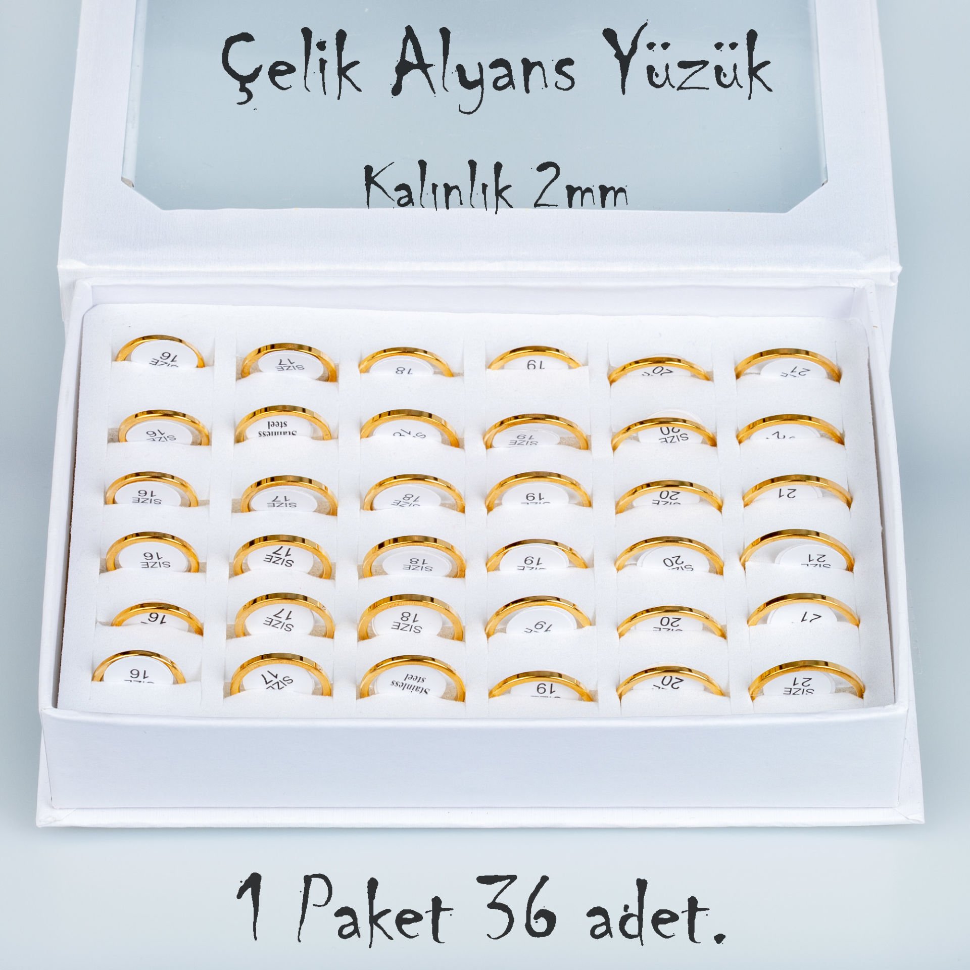 Çelik Alyans Yüzük Paket 36 Adet 2,3,4,5mm Kalınlık Seçeneği Boy: 2mm