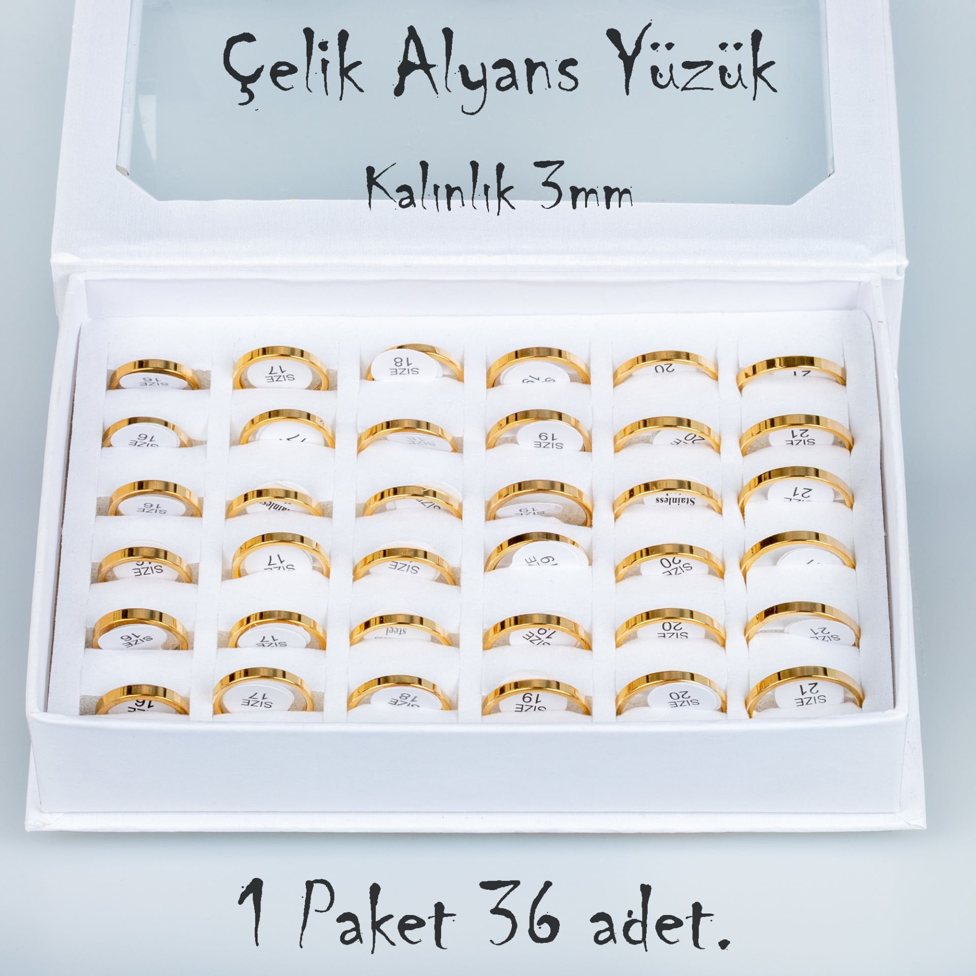 Çelik Alyans Yüzük Paket 36 Adet 2,3,4,5mm Kalınlık Seçeneği Boy: 3mm