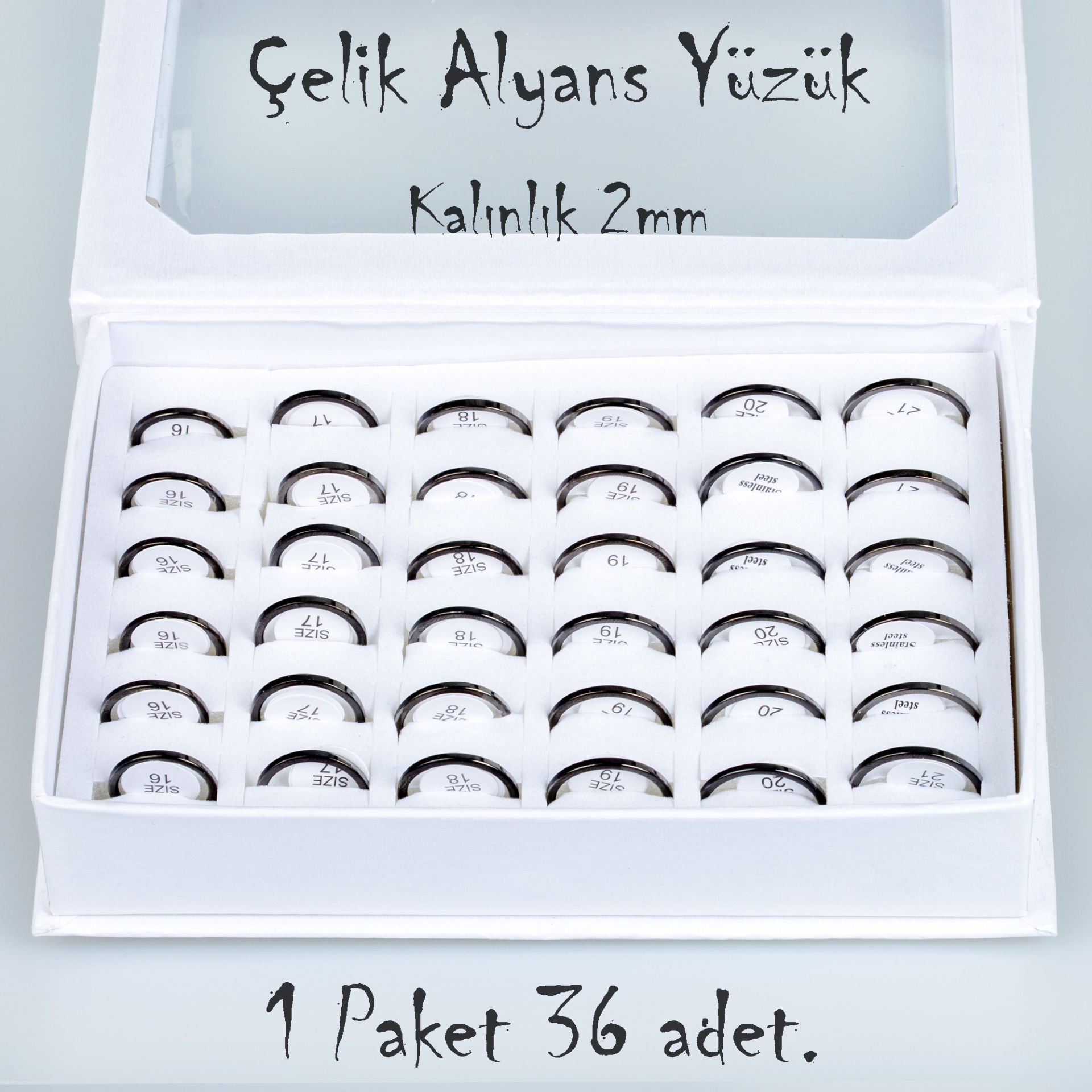 Çelik Alyans Yüzük Paket 36 Adet 2,3,4,5mm Kalınlık Seçeneği Boy: 2mm