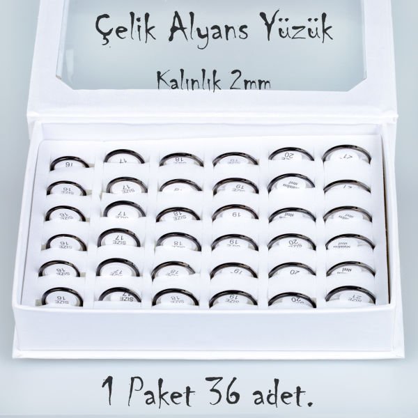 Çelik Alyans Yüzük Paket 36 Adet 2,3,4,5mm Kalınlık Seçeneği Boy: 2mm
