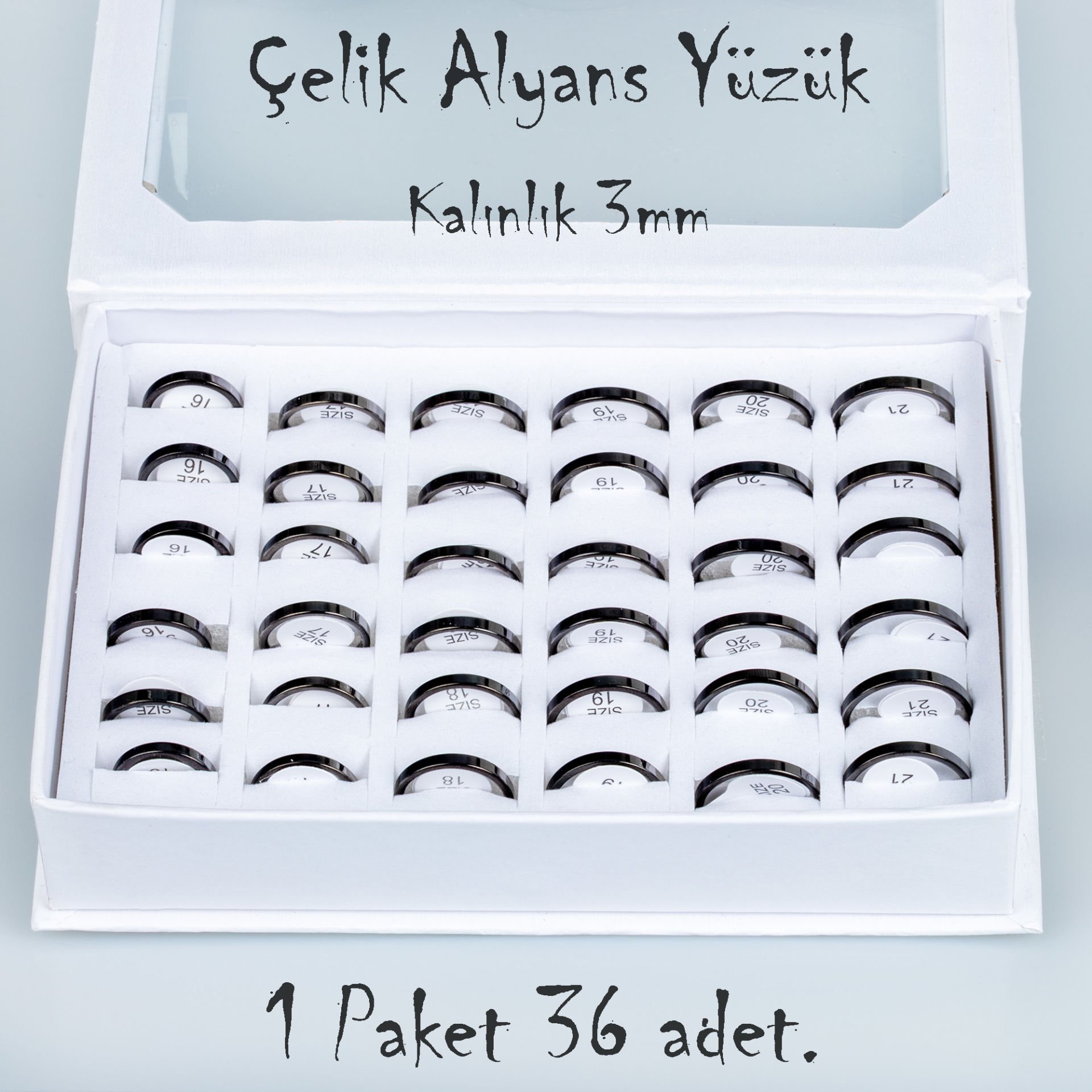 Çelik Alyans Yüzük Paket 36 Adet 2,3,4,5mm Kalınlık Seçeneği Boy: 3mm