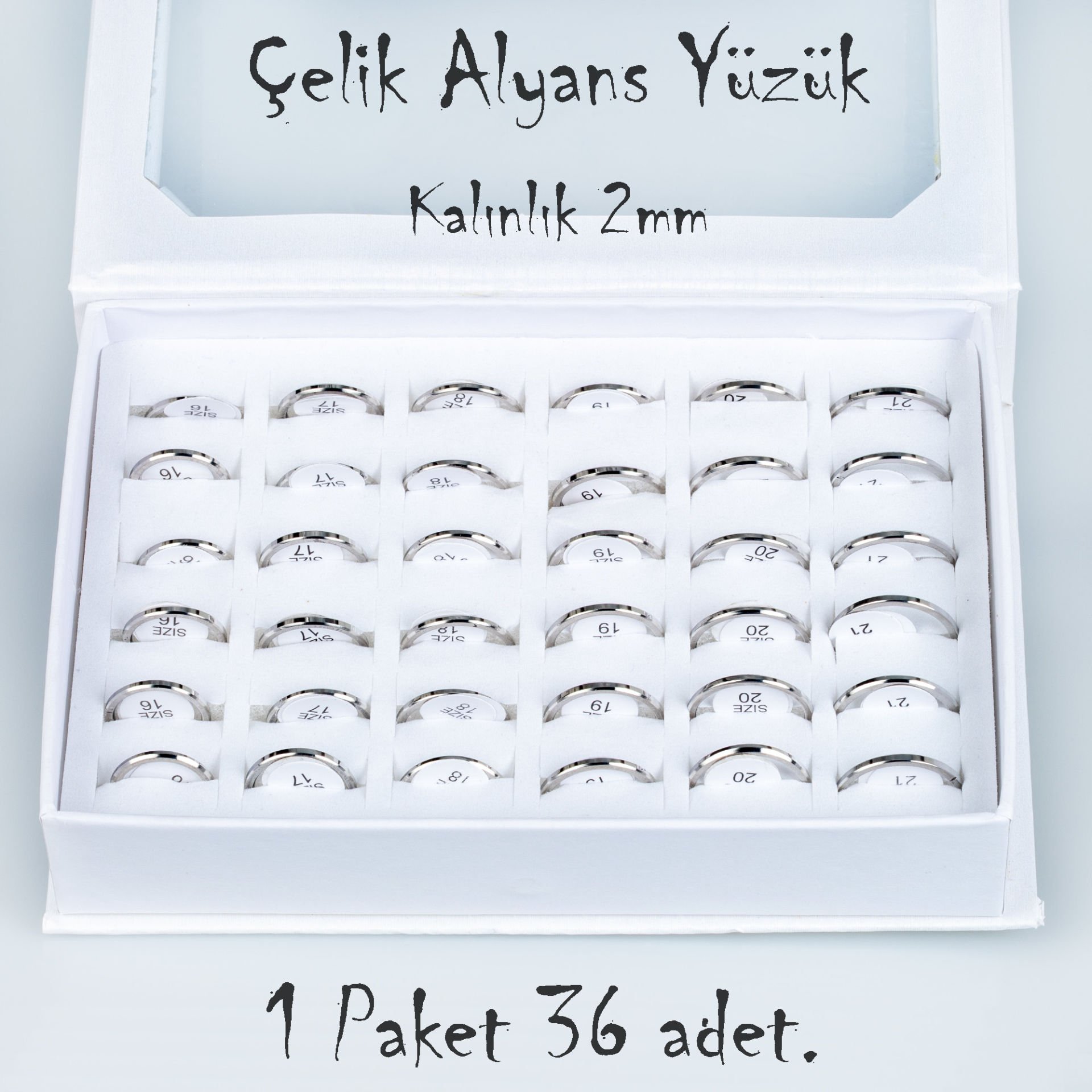 Çelik Alyans Yüzük Paket 36 Adet 2,3,4,5mm Kalınlık Seçeneği Boy: 2mm